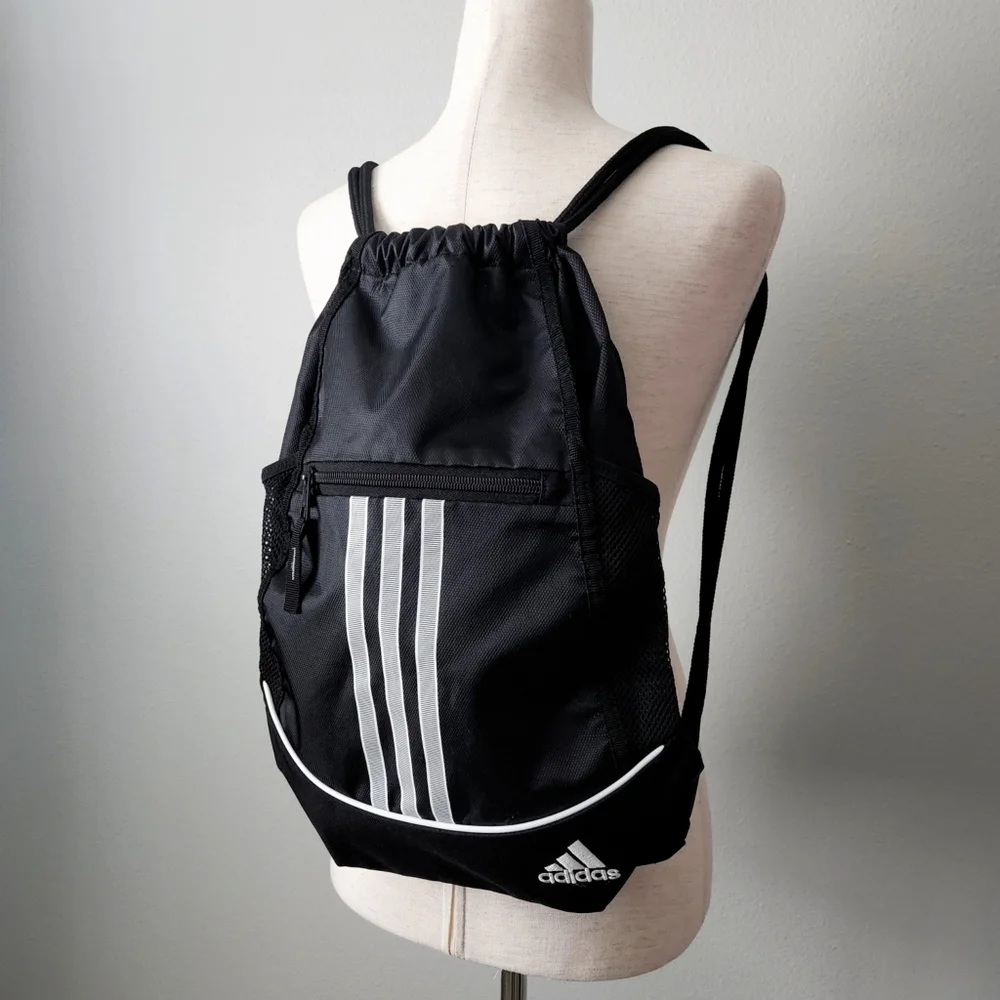Adidas Black 3 Stripe Sackpack With Continuous Double Drawcord Closure
